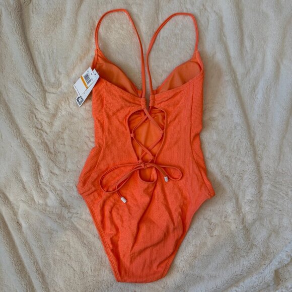 Women's S NWT Sanctuary Neon Orange Textured Stripe One Piece Swimsuit - Picture 3 of 7